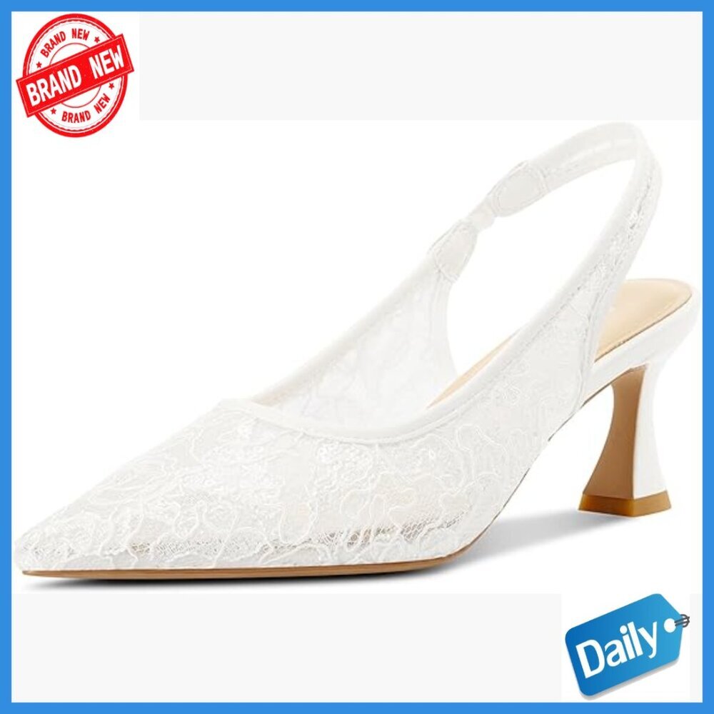 Lace Mesh Slingback Heels Pointed Toe Wedding Pumps Kitten Heel